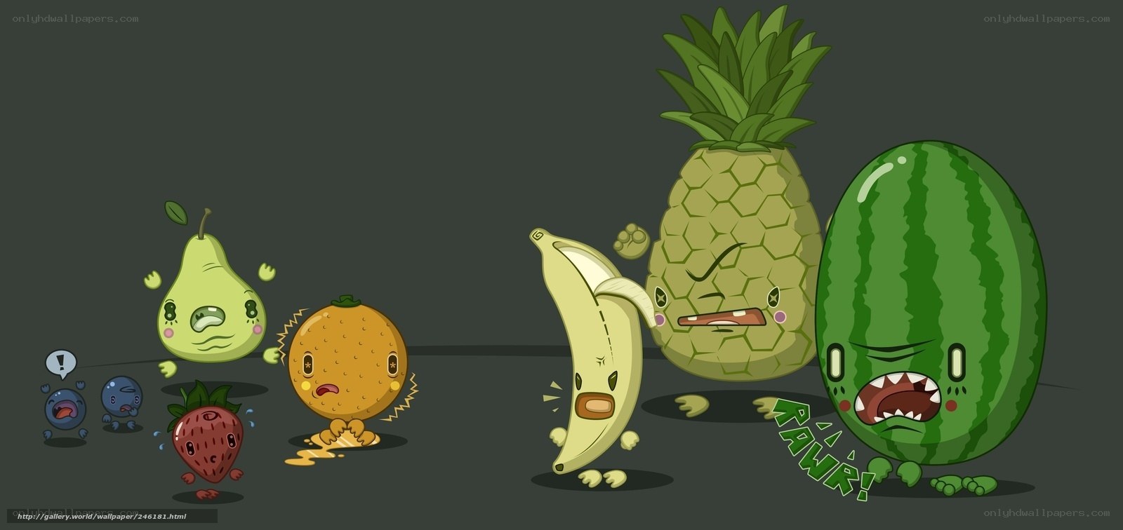 Fruit characters in a cartoon scene