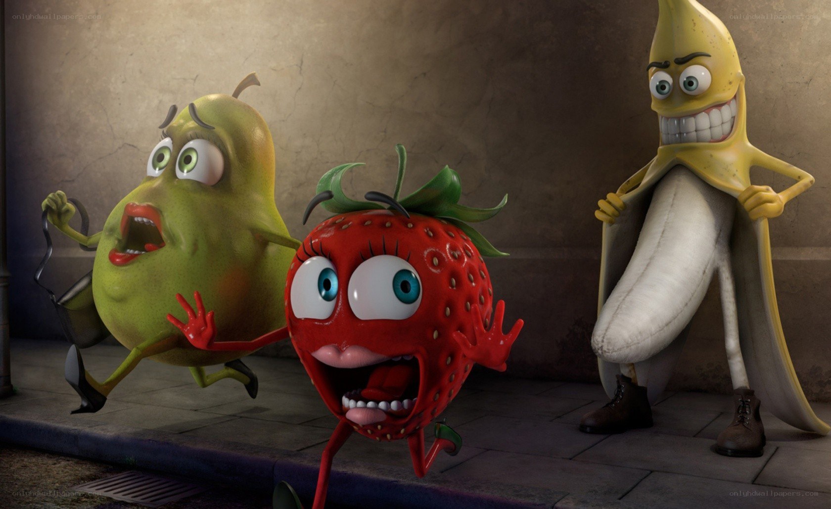 Fruit characters in a city scene
