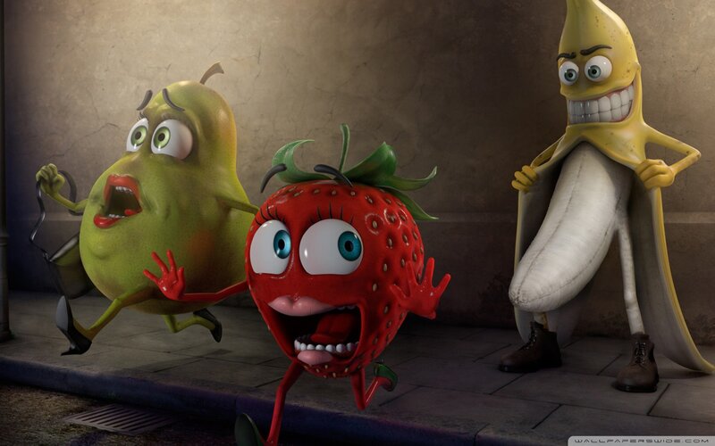 Fruit characters in a city scene