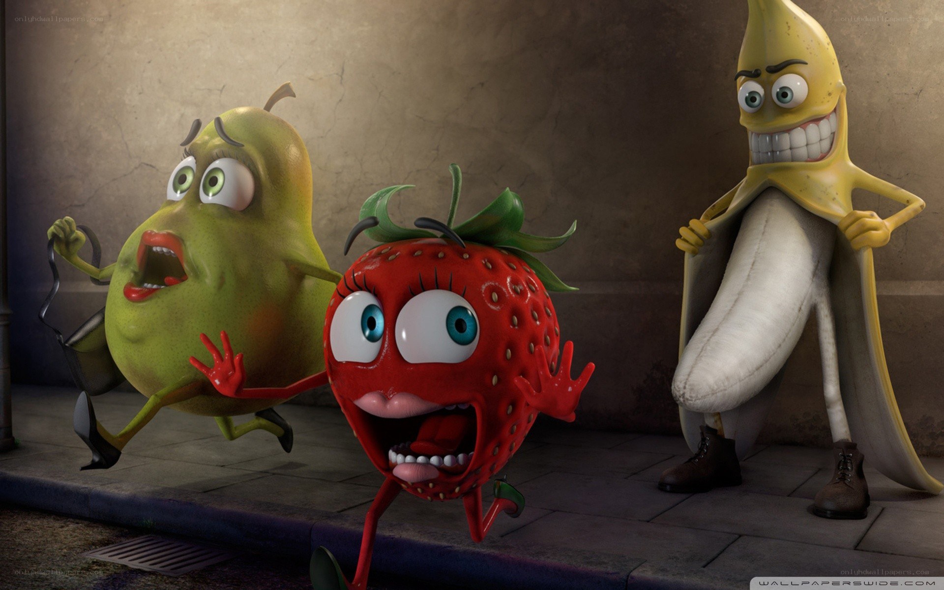 Fruit characters in a city scene