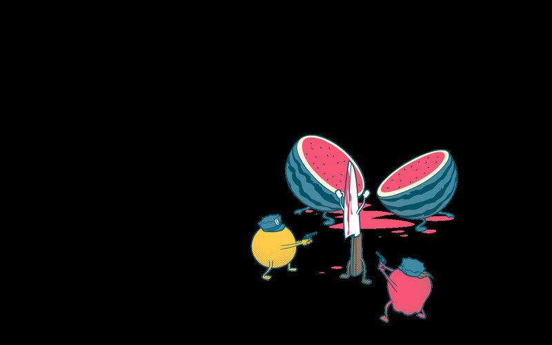 Fruit characters with knife