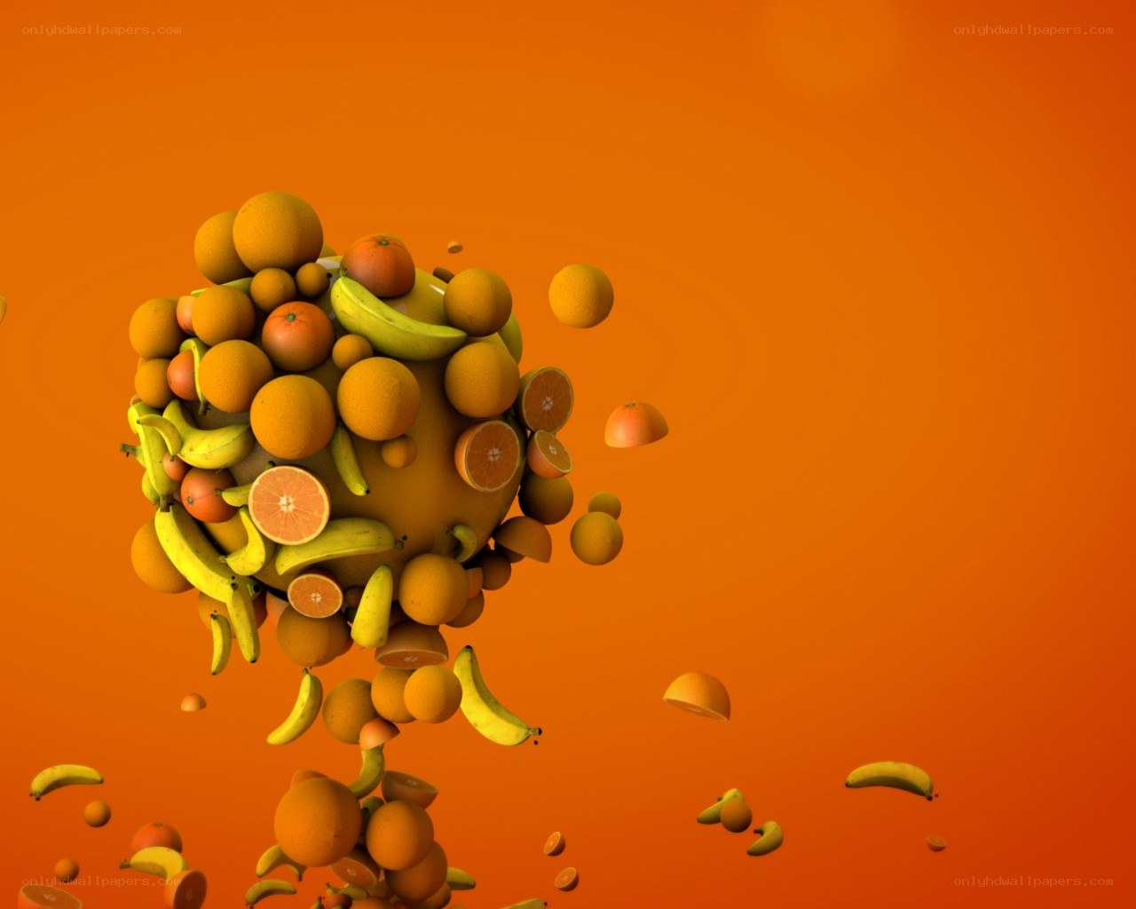 fruit explosion on orange background