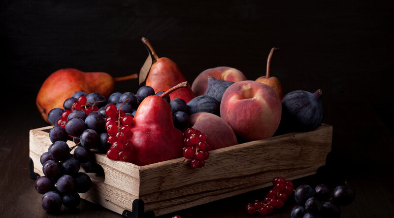 Fruit in Wooden Crate — Brown, Dramatic