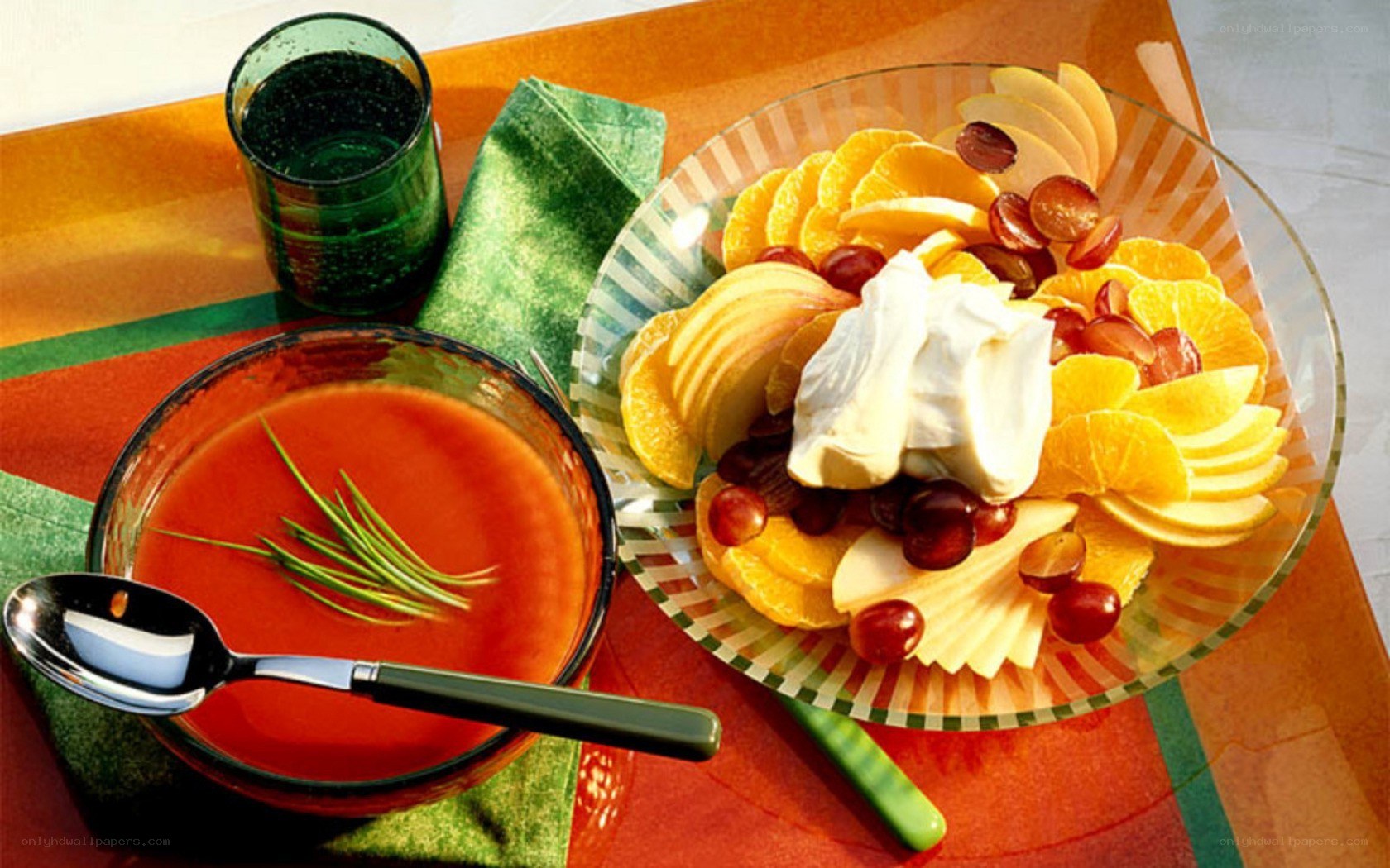 Fruit salad and tomato soup