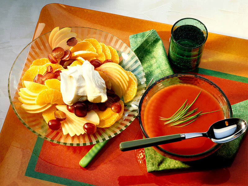 Fruit salad and tomato soup