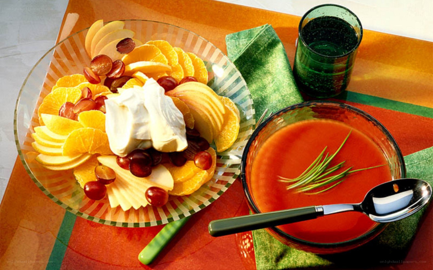 Fruit salad and tomato soup
