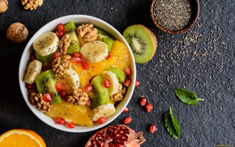 Fruit Salad in a Bowl — White, Fresh, Photograph, Kiwi