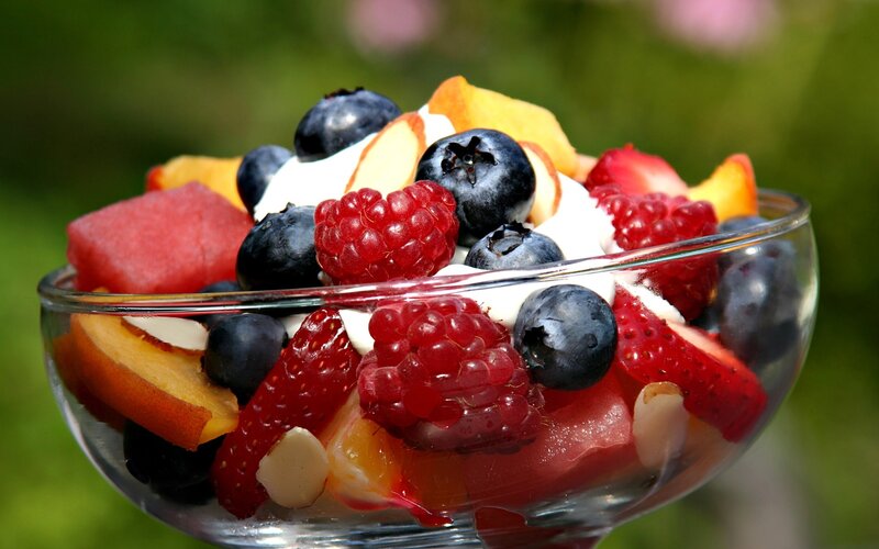 fruit salad in a glass bowl