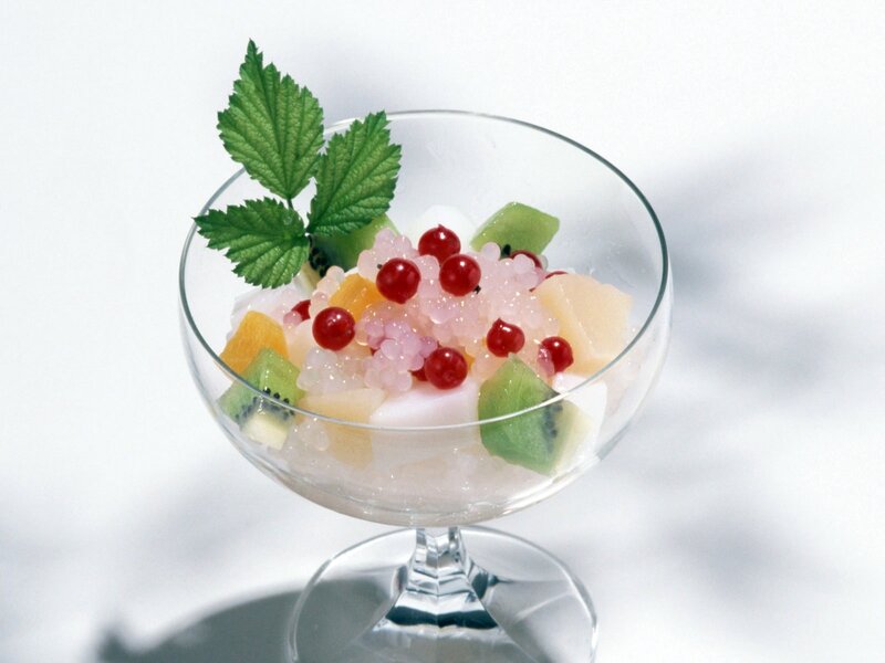 fruit salad in glass bowl
