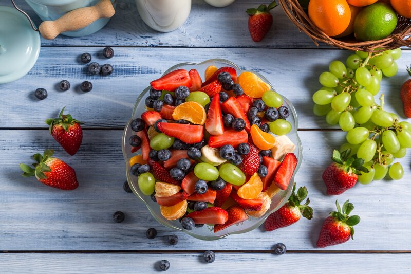Fruit Salad in Glass Bowl — Red, Fresh, Morning, Photograph