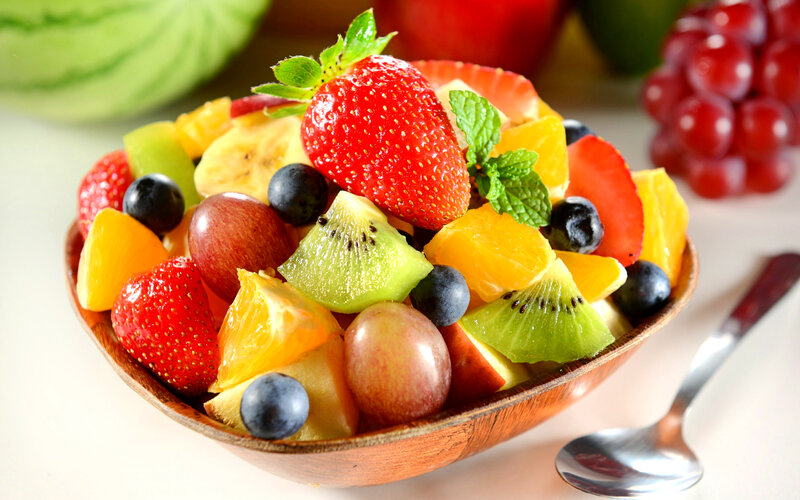 Fruit Salad in Wooden Bowl — Red