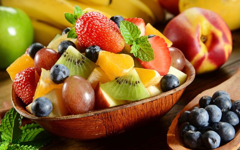 Fruit Salad in Wooden Bowl