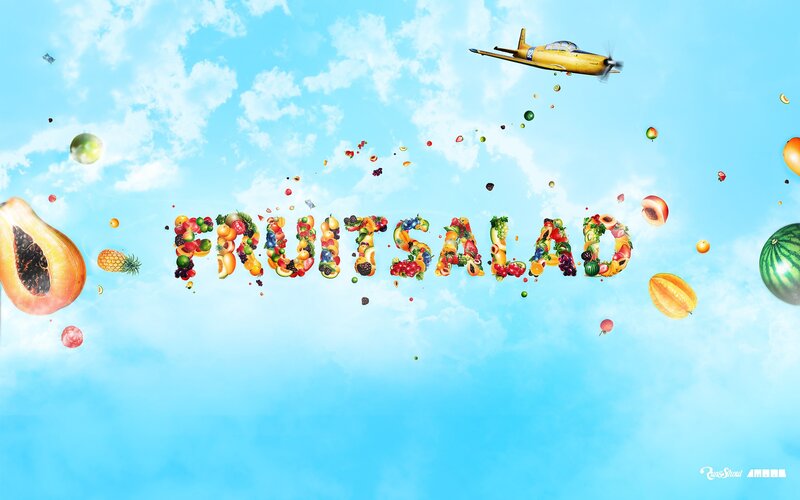 Fruit salad text in sky