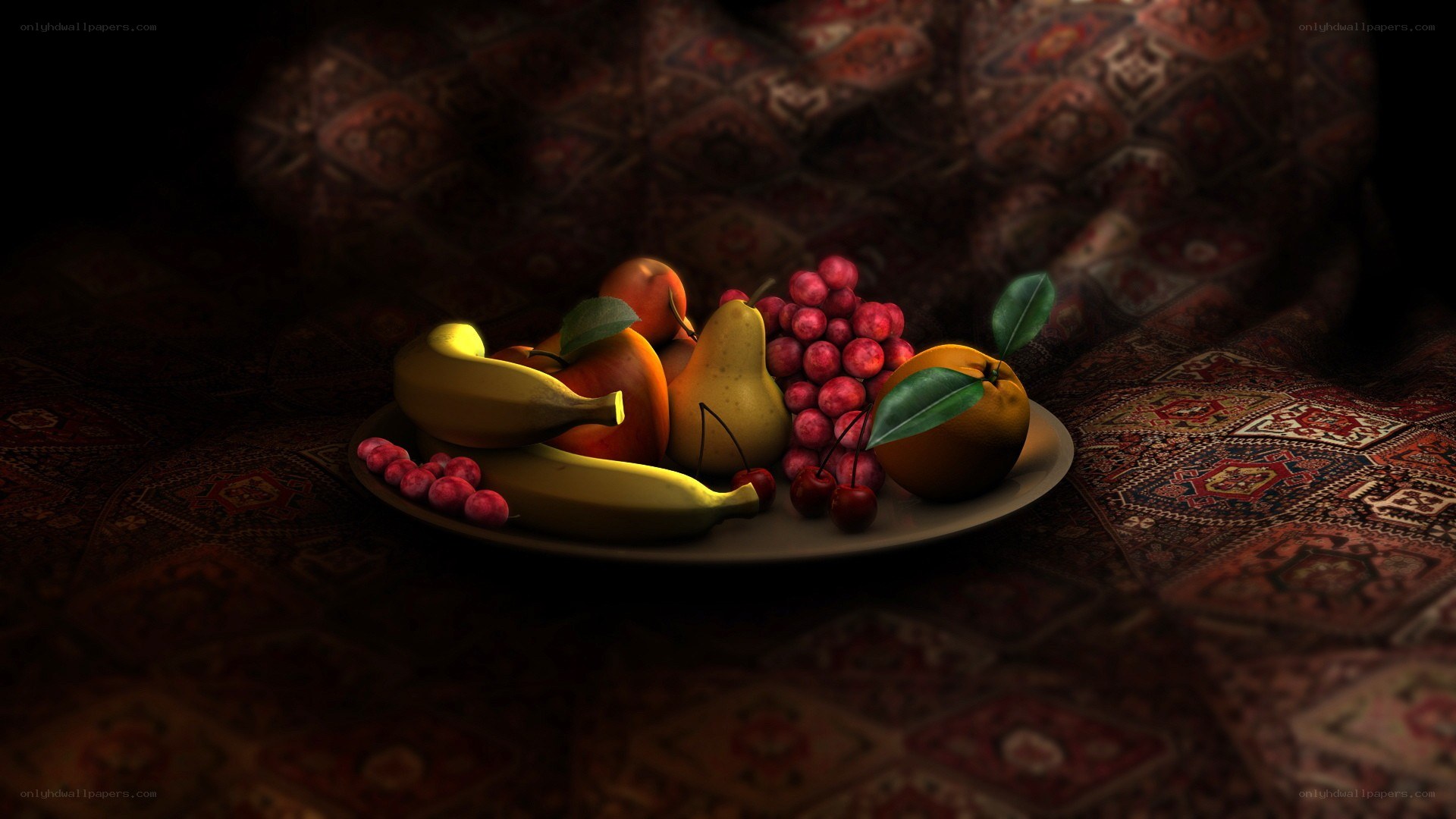 fruit still life on patterned cloth