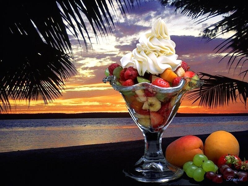 Fruit sundae at sunset