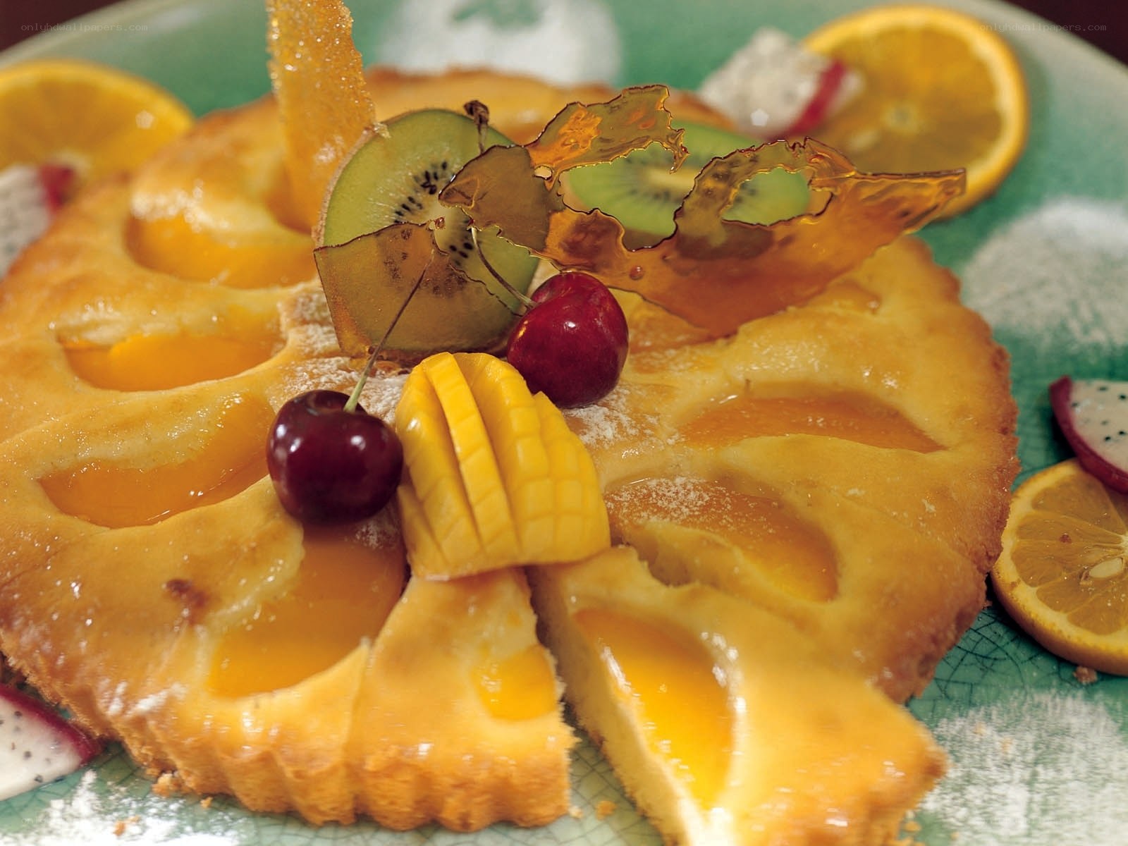 fruit tart with kiwi and cherries