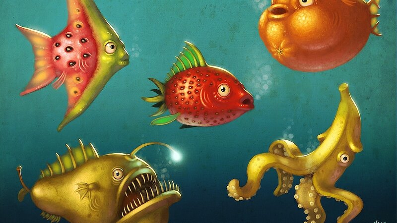 Fruit-themed Sea Creatures — Blue, Whimsical, Digital Art, Fish, Octopus