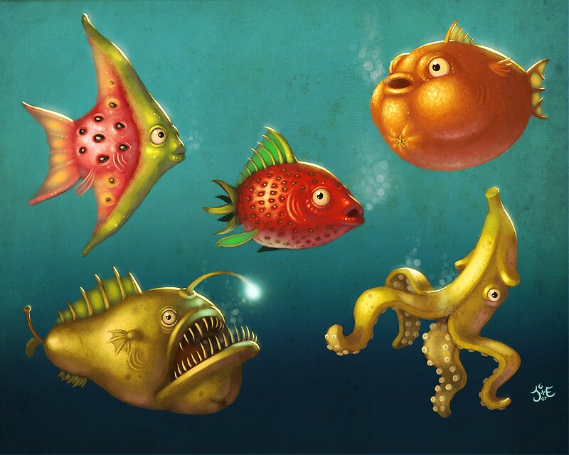 Fruit-themed Sea Creatures — Blue, Whimsical, Digital Art