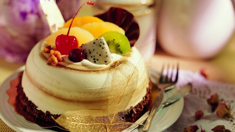 Fruit-topped Cake — White, Delicate, Photograph, Cherry