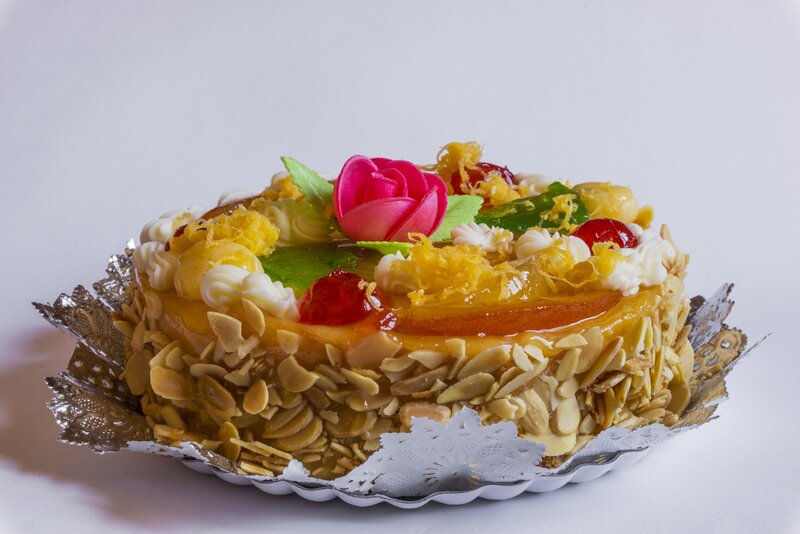 Fruit-topped Cake — White, Festive, Photograph, Almonds