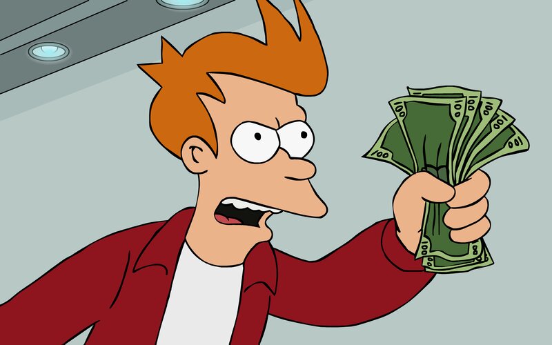 Fry Holding Money — Red, Surprised