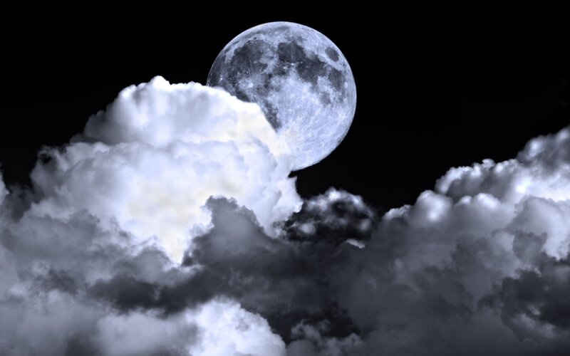 Full Moon Behind Clouds — Black, Dramatic, Night, Photograph, White