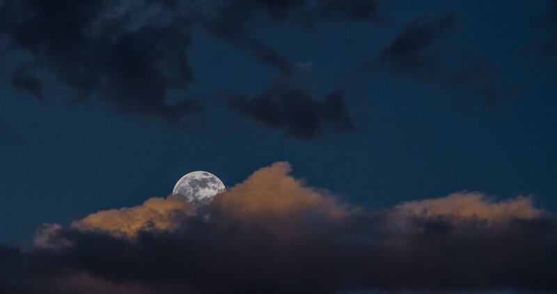 Full Moon Behind Clouds — Blue, Dramatic, Night, Photograph