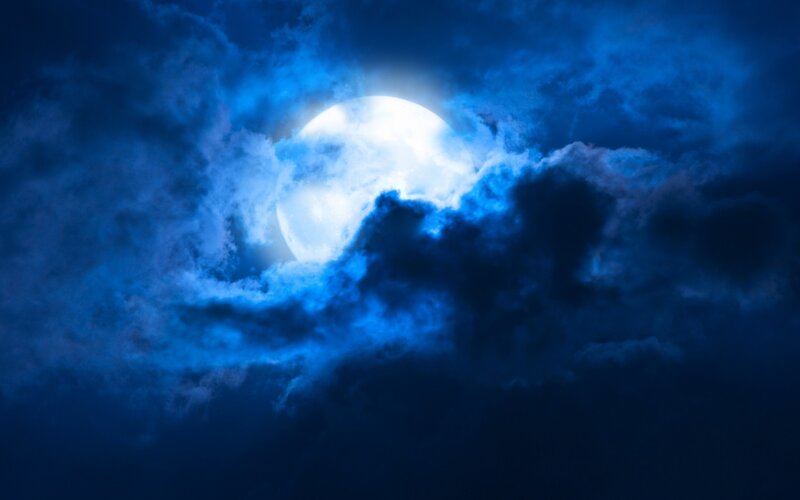Full Moon Behind Clouds — Blue, Dramatic, Night