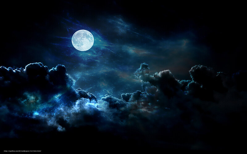 Full Moon in Cloudy Sky — Blue, Dramatic, Night, Digital Art