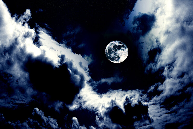 Full Moon in Cloudy Sky — Blue, Dramatic, Night, Photograph, Clouds, Night Sky