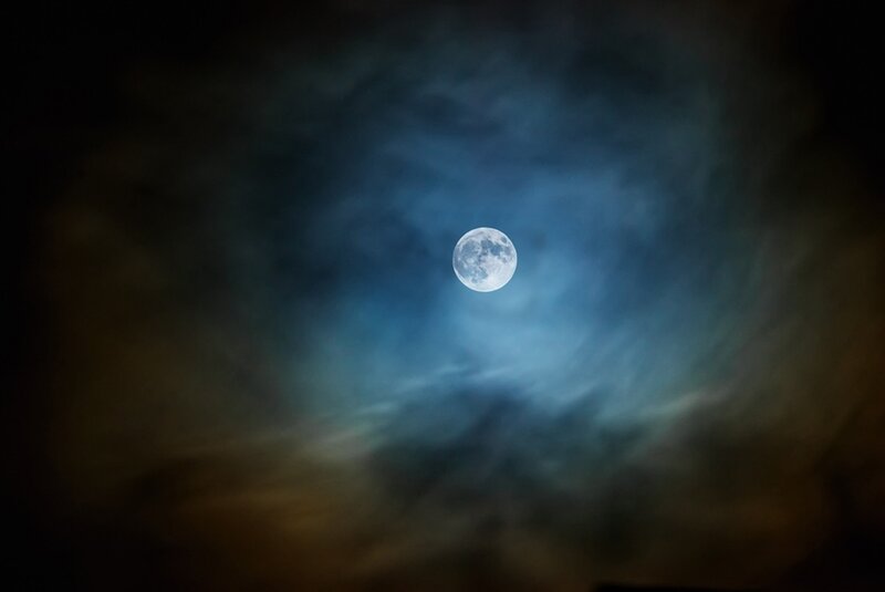 Full Moon in Cloudy Sky — Blue, Dramatic, Night, Photograph, Clouds