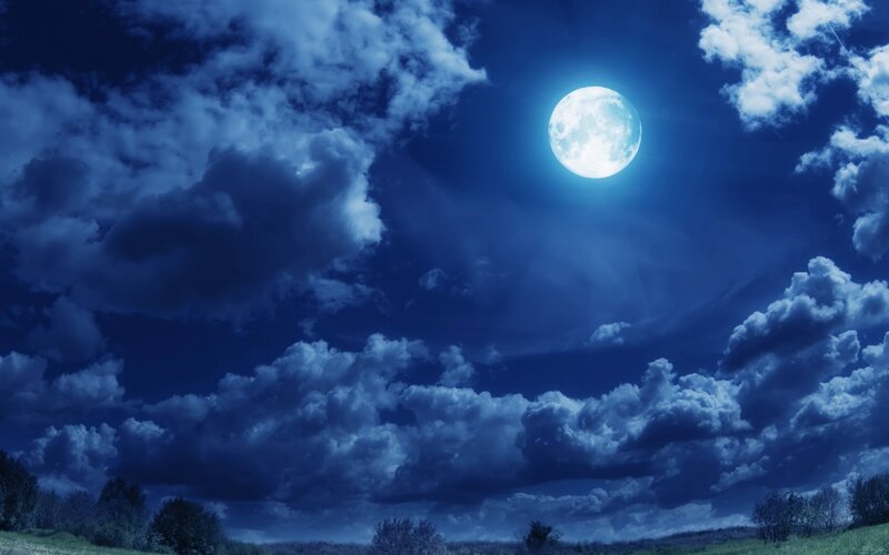 Full Moon in Cloudy Sky — Blue, Dramatic, Night, Photograph, Clouds, Trees
