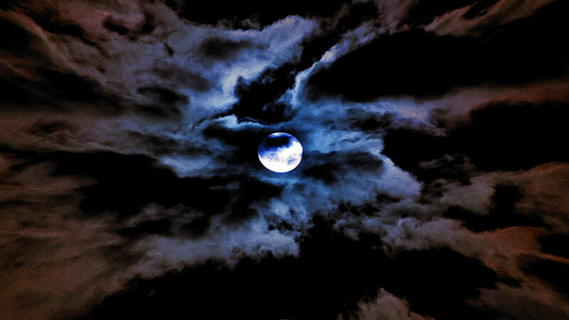 Full Moon in Cloudy Sky — Blue, Dramatic, Night, Photograph