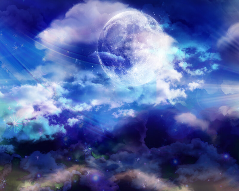 Full Moon in Cloudy Sky — Blue, Dreamy
