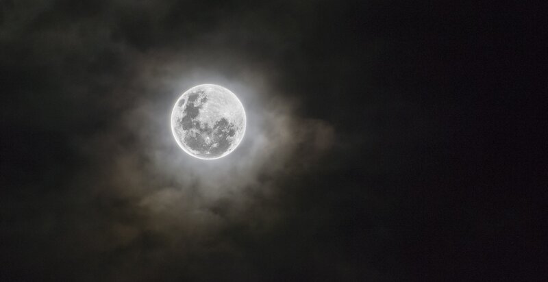 Full Moon in Cloudy Sky — Gray, Black