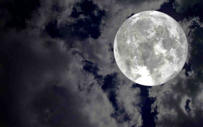 Full Moon in Cloudy Sky — Gray, Dramatic, Night, Photograph, Clouds, Black, White