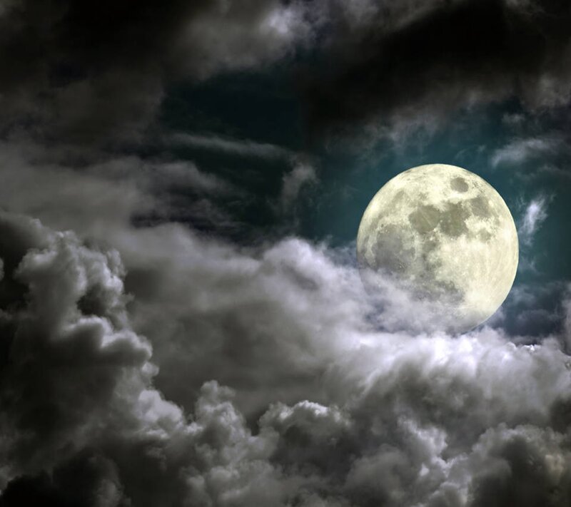 Full Moon in Cloudy Sky — Gray, Dramatic, Night, Photograph, Clouds, Night Sky