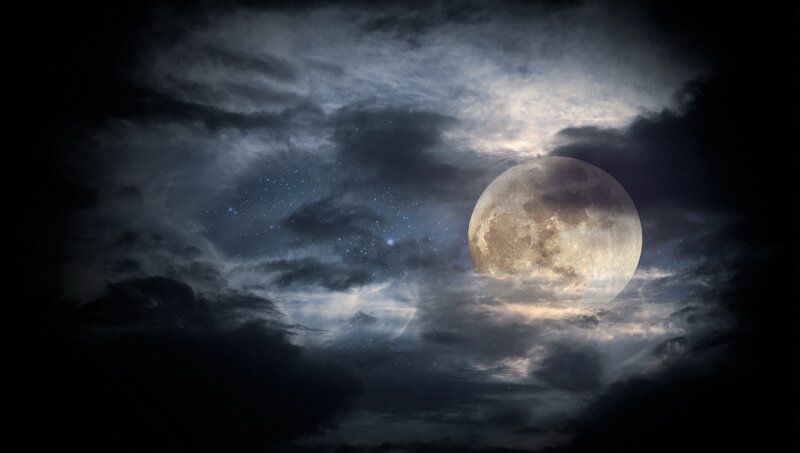Full Moon in Cloudy Sky — Gray, Dramatic, Night, Photograph, Clouds, Stars