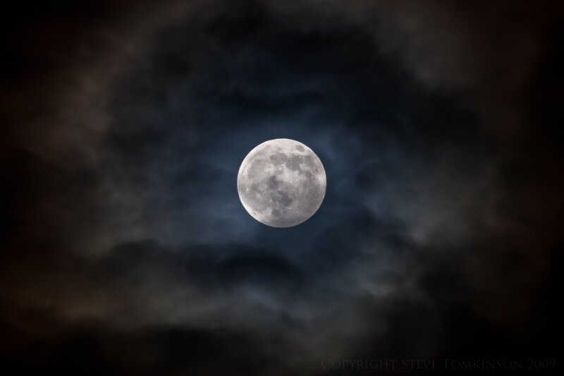 Full Moon in Cloudy Sky — Gray, Dramatic, Night, Photograph