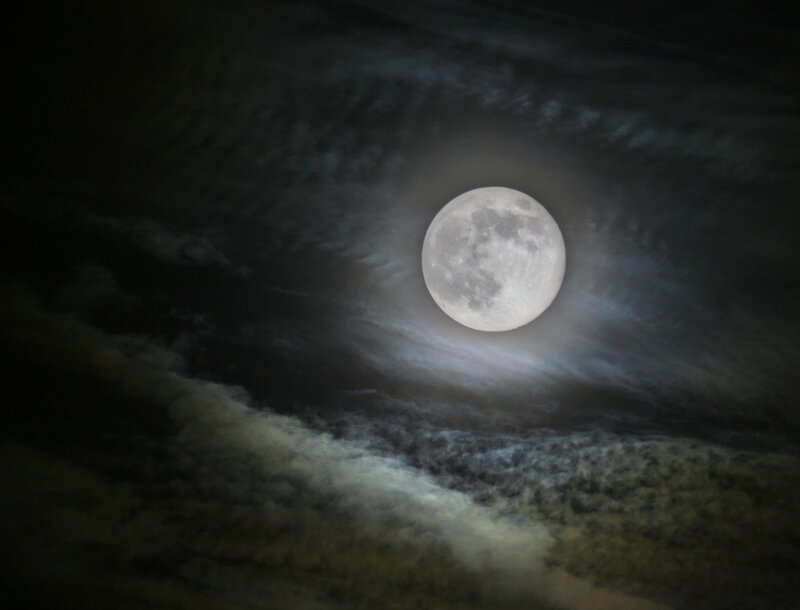Full Moon in Cloudy Sky — Gray, Photograph