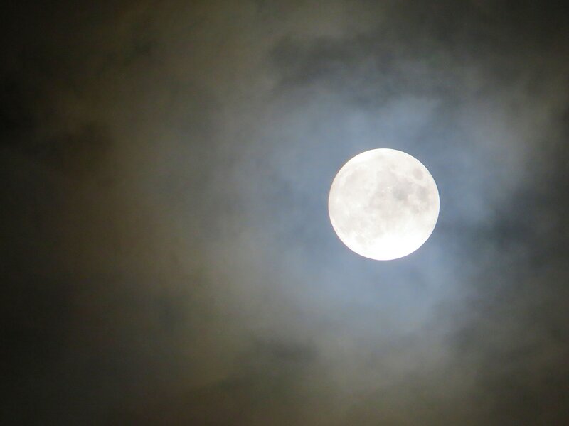 Full Moon in Cloudy Sky — Gray, Serene, Night, Photograph