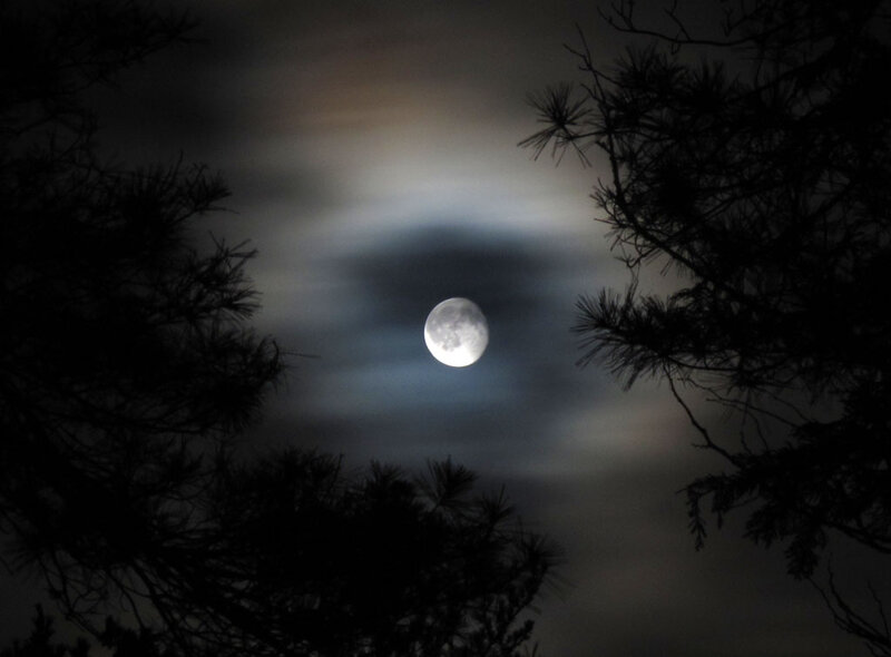 Full Moon in Night Sky — Black, Serene, Photograph, Clouds