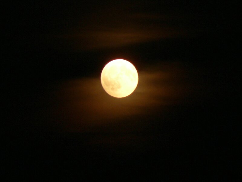Full Moon in Night Sky — Black, Serene, Photograph, Clouds, Yellow