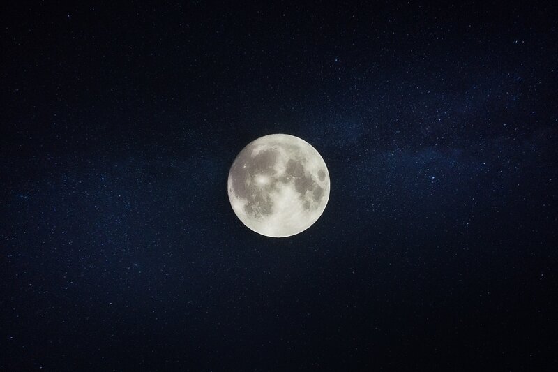 Full Moon in Night Sky — Black, Serene, Photograph, Stars, Milky Way