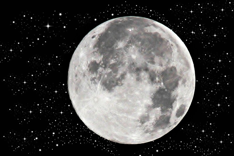 Full Moon in Night Sky — Black, Serene, Photograph, Stars, Space