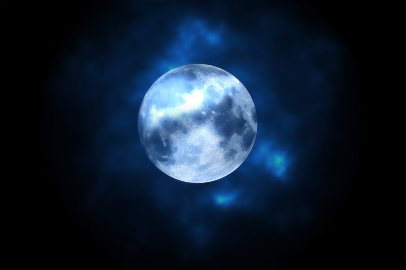 Full Moon in Night Sky — Blue, Dramatic, Digital Art, Clouds