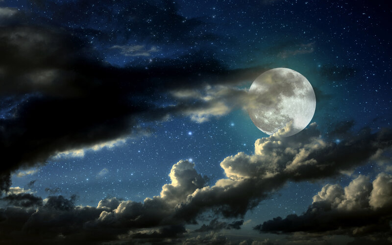 Full Moon in Night Sky — Blue, Dramatic, Digital Art, Stars, Clouds