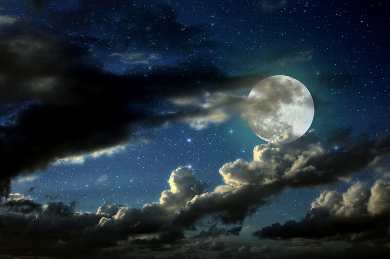 Full Moon in Night Sky — Blue, Dramatic, Digital Art, Stars, Clouds, White, Black