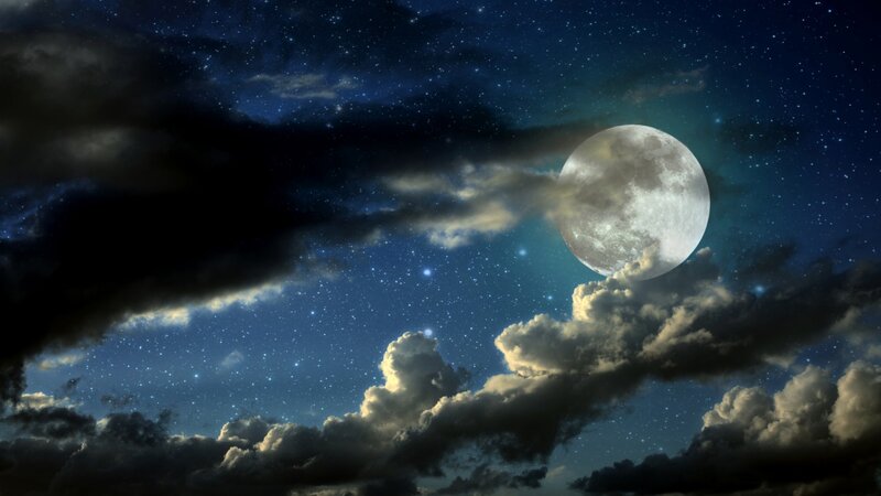 Full Moon in Night Sky — Blue, Dramatic, Digital Art, Stars