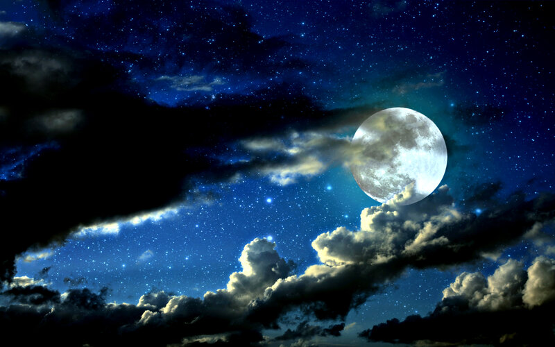 Full Moon in Night Sky — Blue, Dramatic, Digital Art